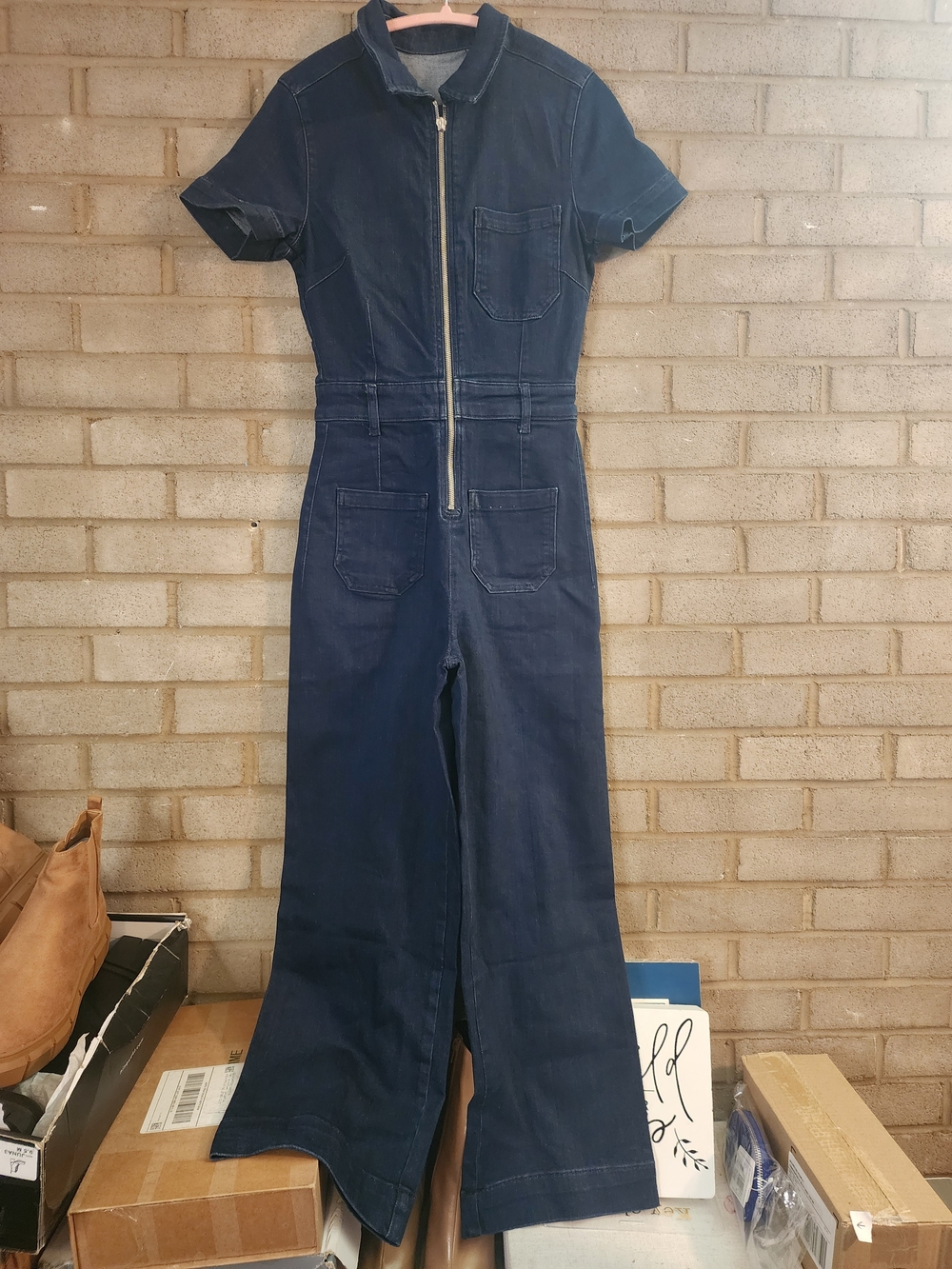 Nwot Anthropologie Maeve Collette Weekend Jumpsuit Zip-Front Short-Sleeve Denim